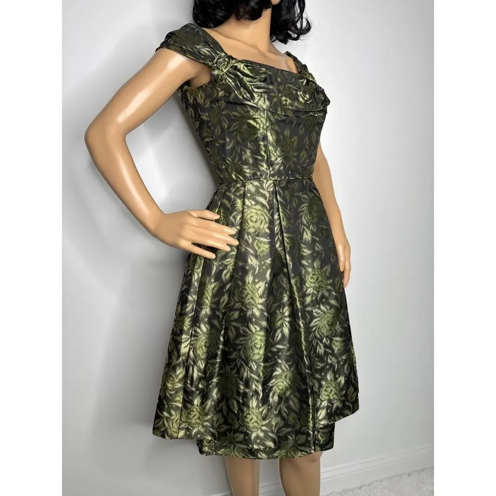 Vintage 1950s Olive Gold Brocade Cocktail Dress with Boned Bodice  XS